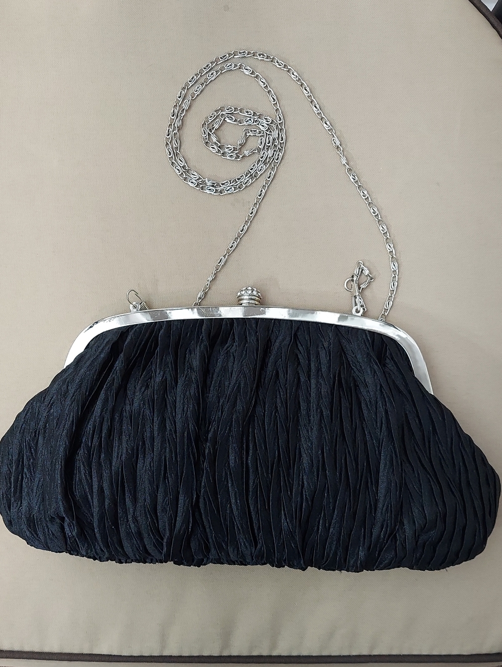 Neiman Marcus Evening Bag, Black Pleated Silk, Silver Chain, Kiss-lock